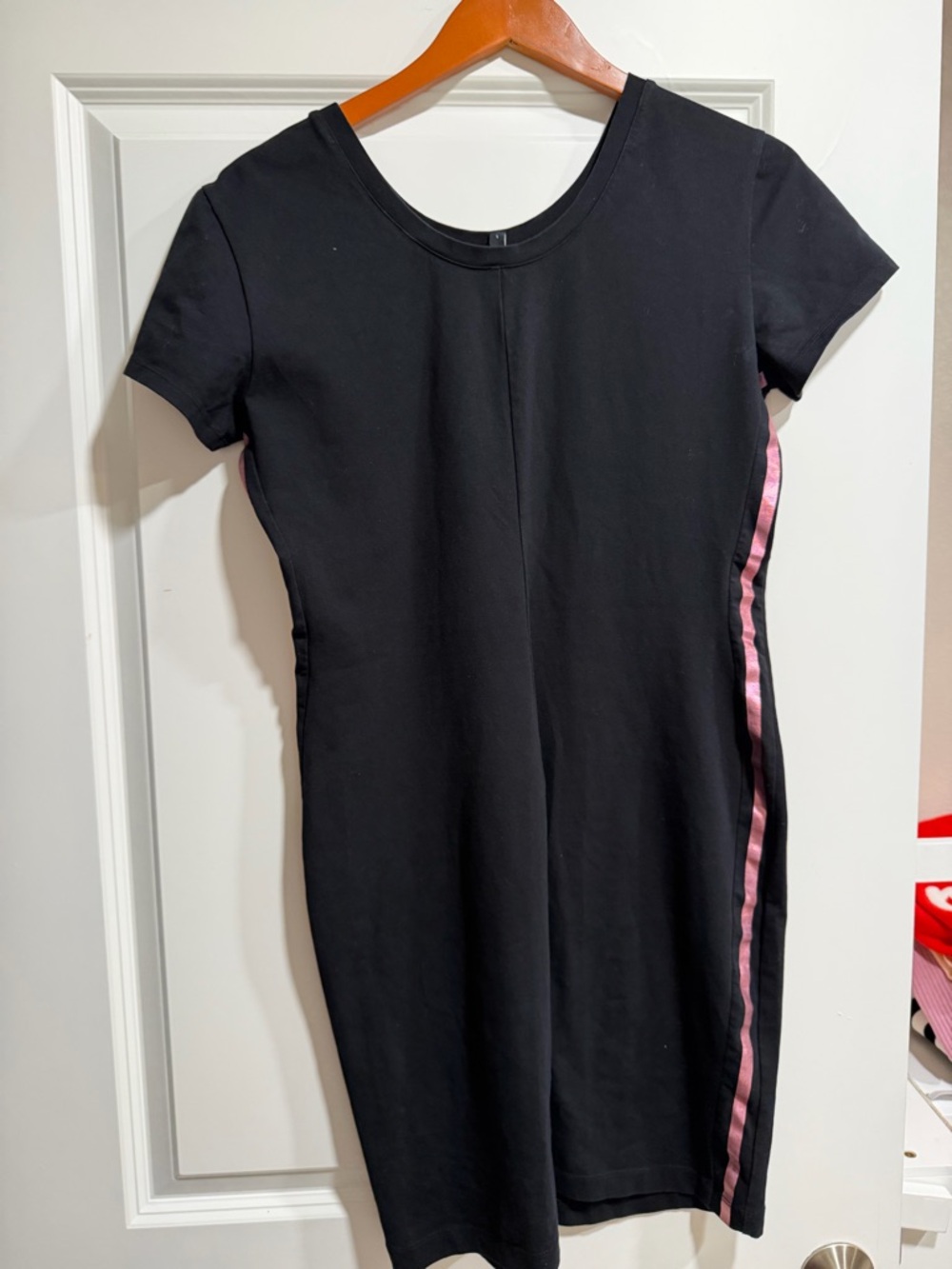 Armani Exchange Black Short-Sleeve Mini Dress with Pink Side Stripes - Picture 2 of 5